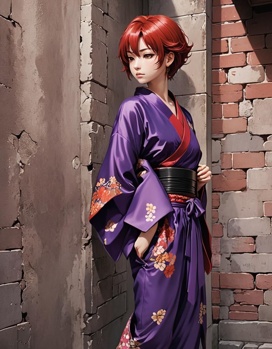 Red Kimono Woman in Alleyway: Cel-Shaded Anime Art
