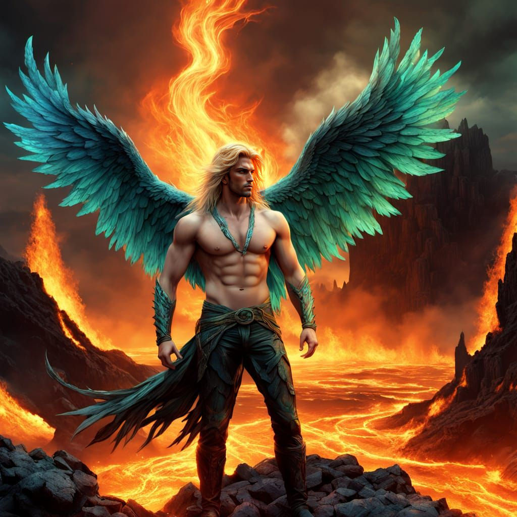 Ethereal Fantasy Figure Standing on Cliff Edge Over Lava Sea