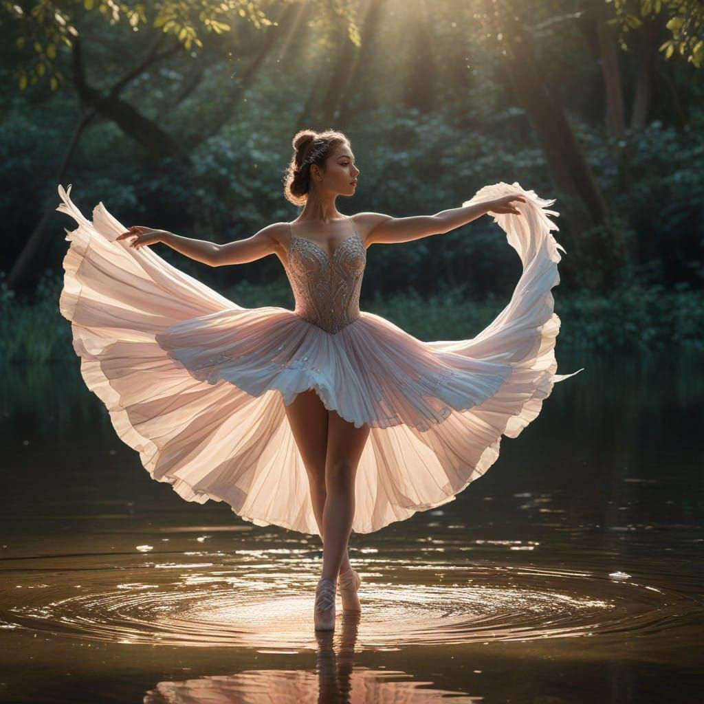 Ethereal Ballet Dancer Amidst Tranquil Lake Waters