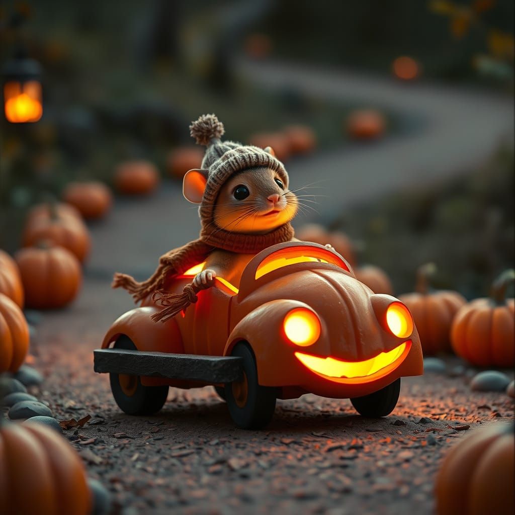 Mouse in Pumpkin Car: Whimsical Film-Still