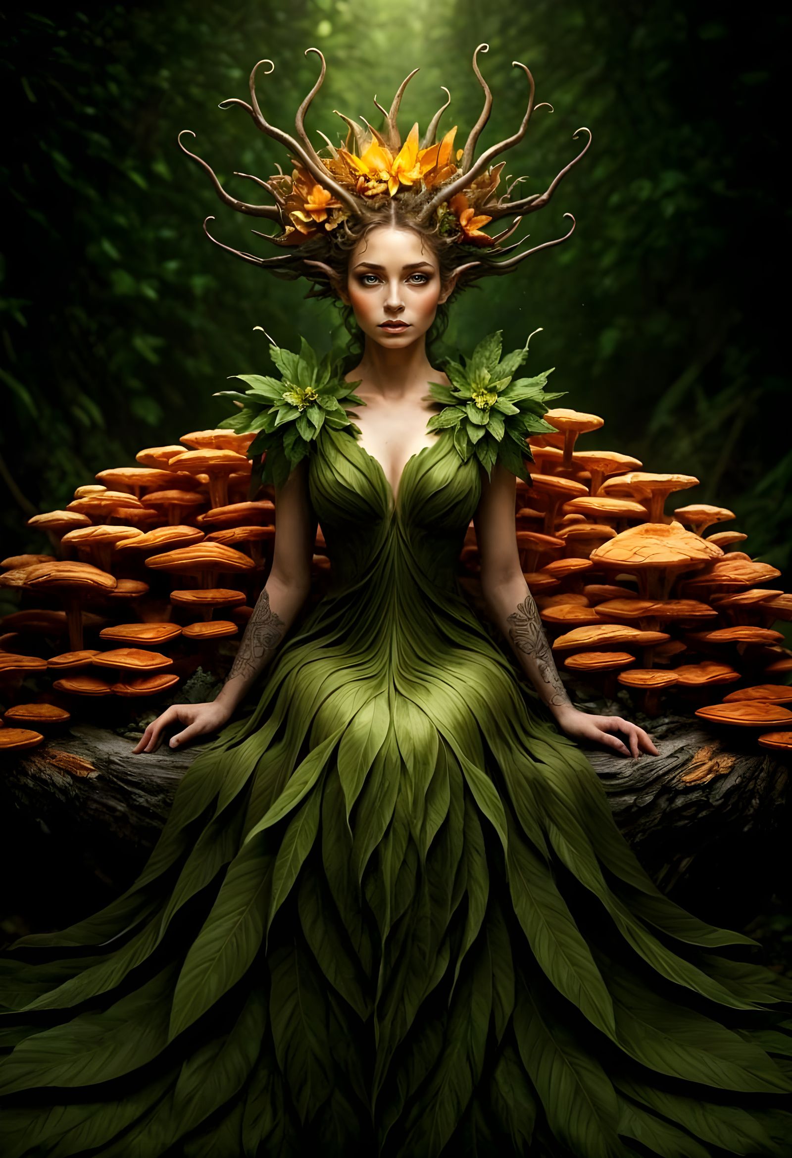 Enchanted Forest Dryad in Whimsical Mushroom Setting
