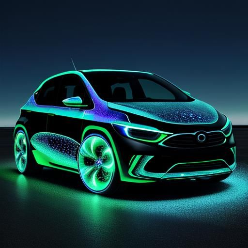 Surreal car created by a child, iridescent, 
 bioluminescent...