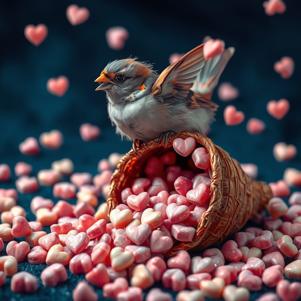 Whimsical Sparrow Cornucopia in Iridescent Feathers