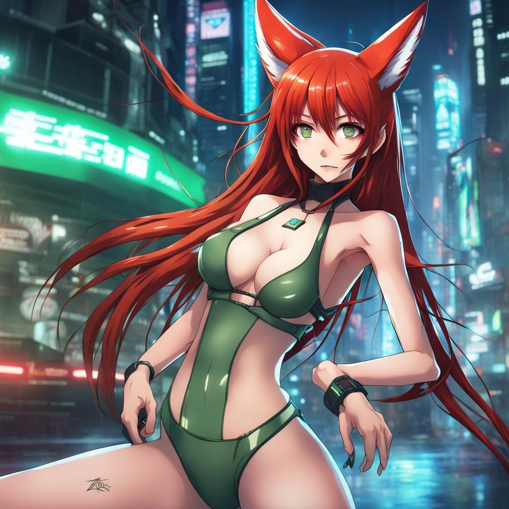 Cyberpunk Anime Fox Girl in Manga Style