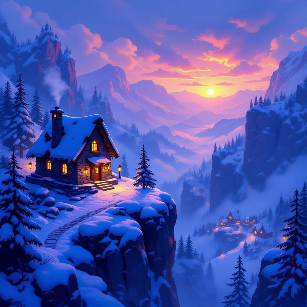 Magical Winter Village in Surreal 90s Anime Style