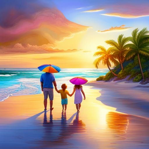 Caribbean Beach Scene with Colorful Sunrays