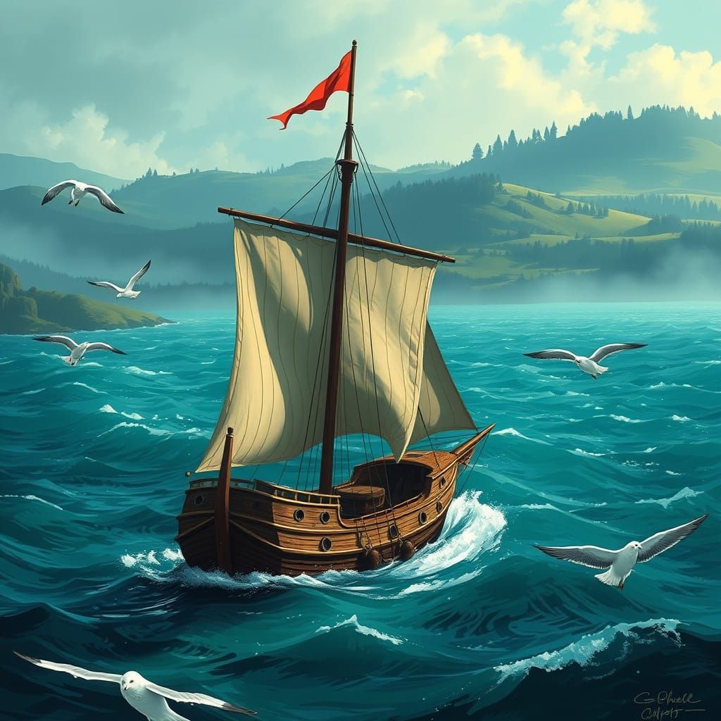 Fantasy Sailing Ship on Turquoise Sea