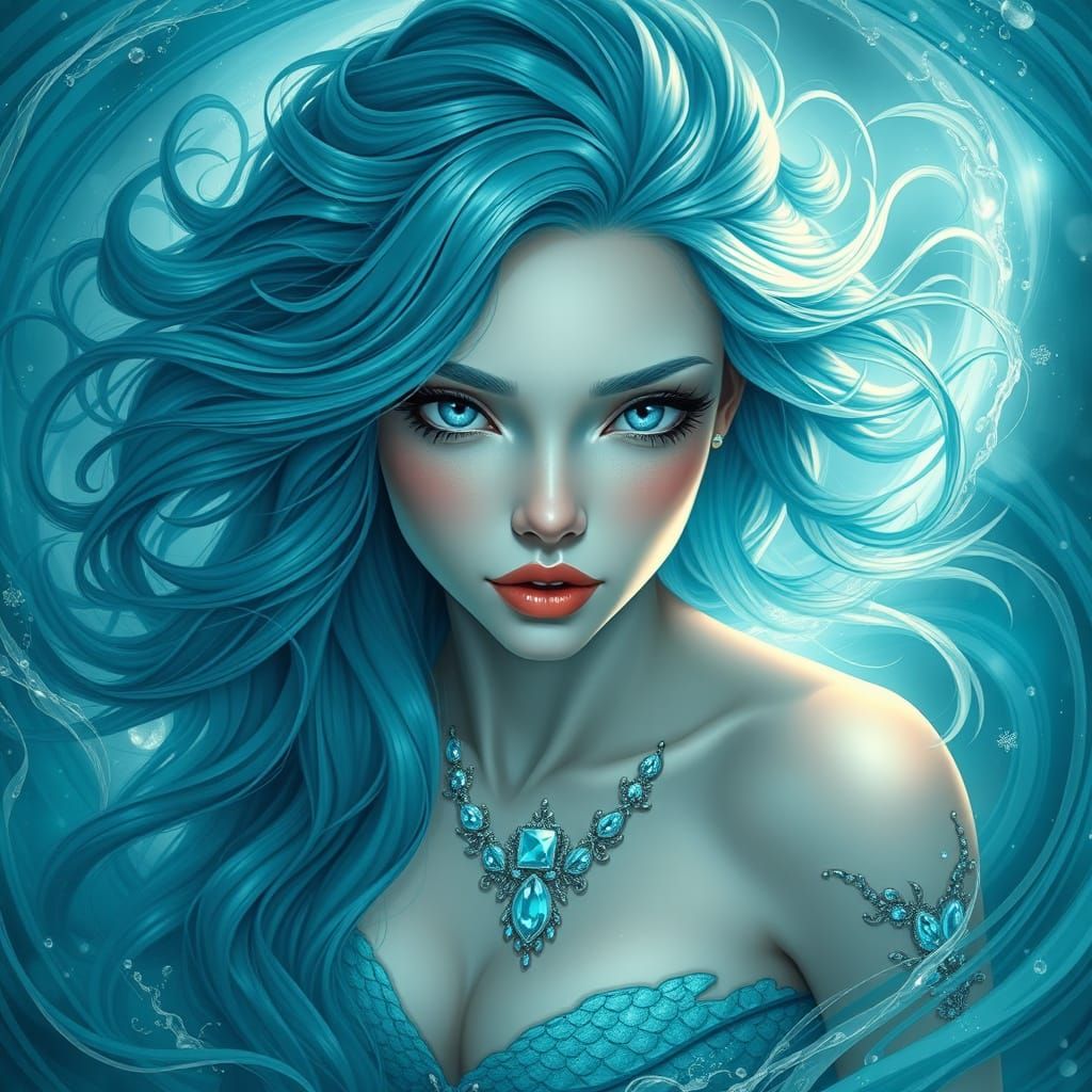 Turquoise-Haired Siren Rises from the Ocean Depths in Ethere...