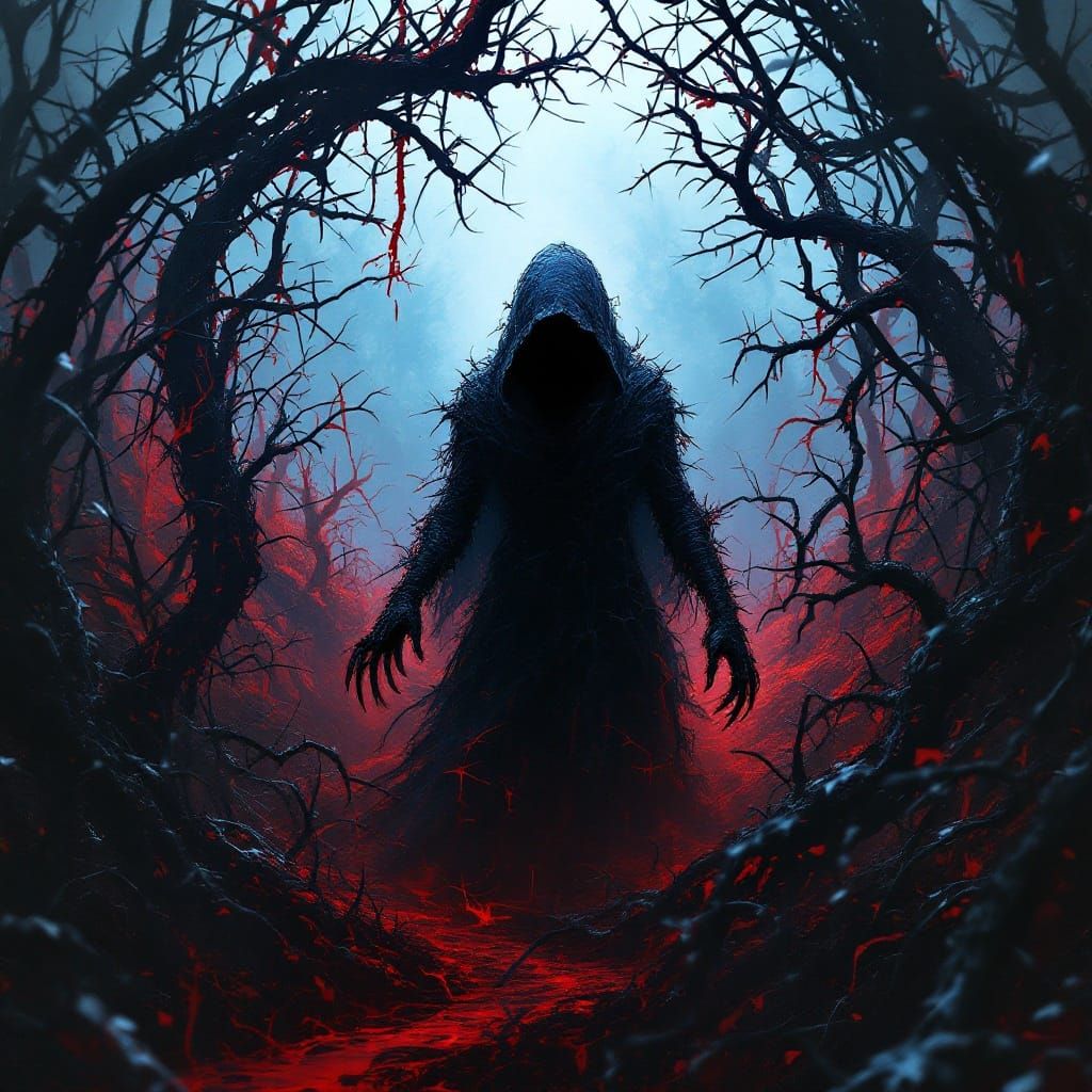 Dark Silhouette in Thorny Maze of Crimson and Blue