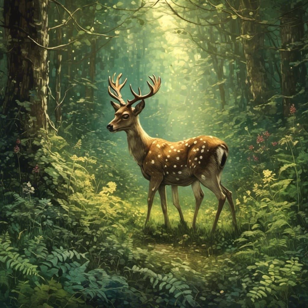 Deer in Sunlit Forest Glade with Ferns