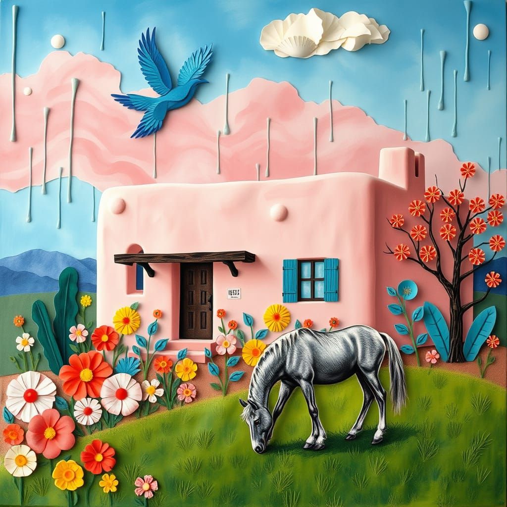 Vibrant Pueblo House Scene with Collage Flowers and Quilled ...