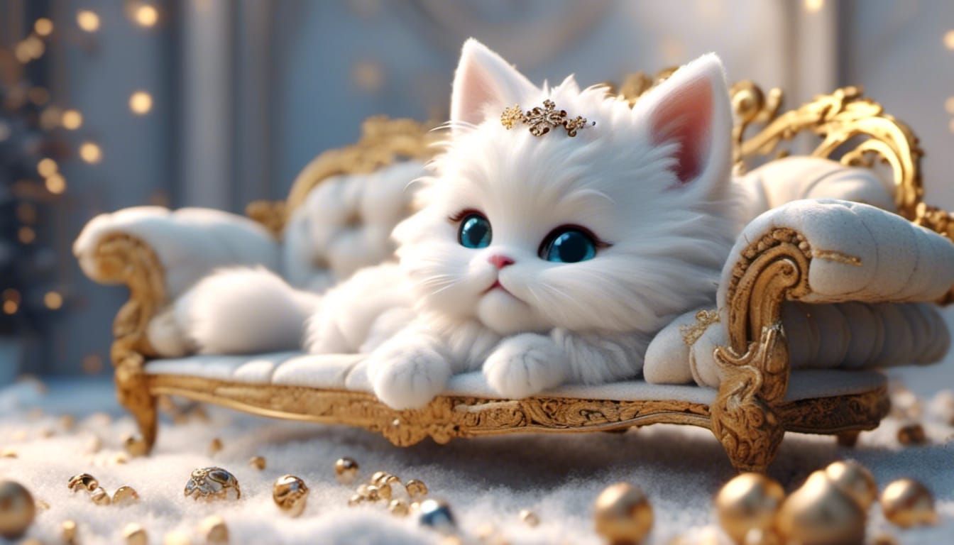 <lora:WOOLEN WORLD:1.0> white fluffy chibi kitten with diadem jewels christmas christmas snowflakes on baroque sofa layi...