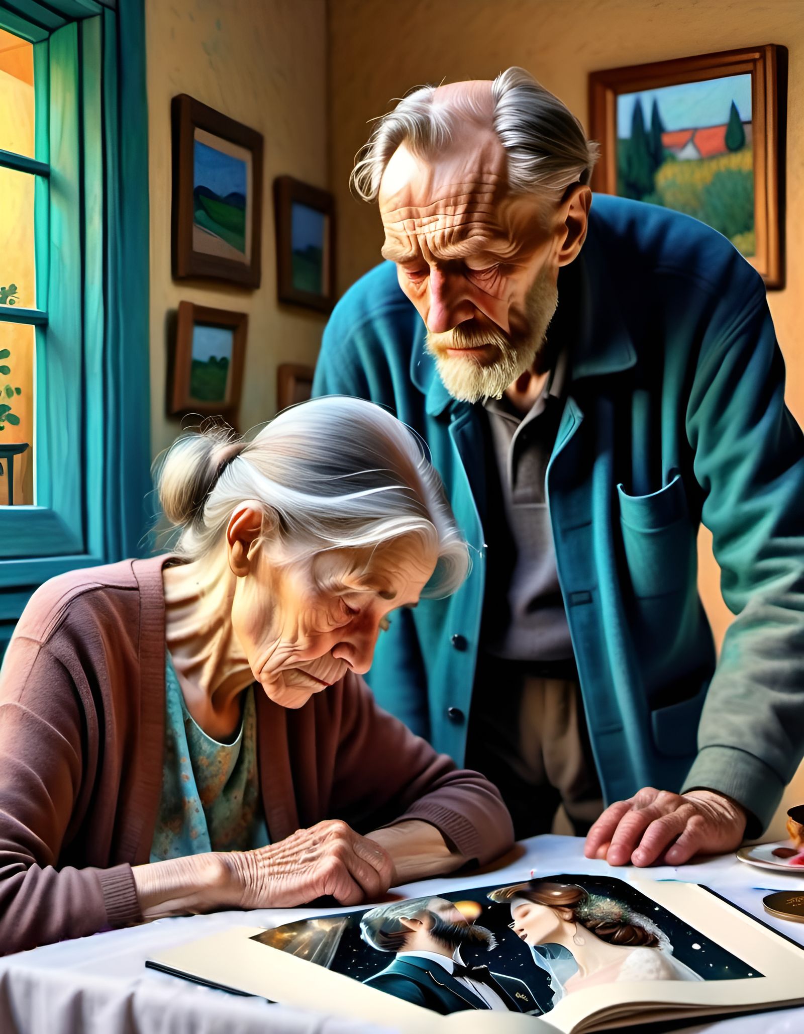 Melancholic Neo-Impressionist Illustration of Elderly Couple
