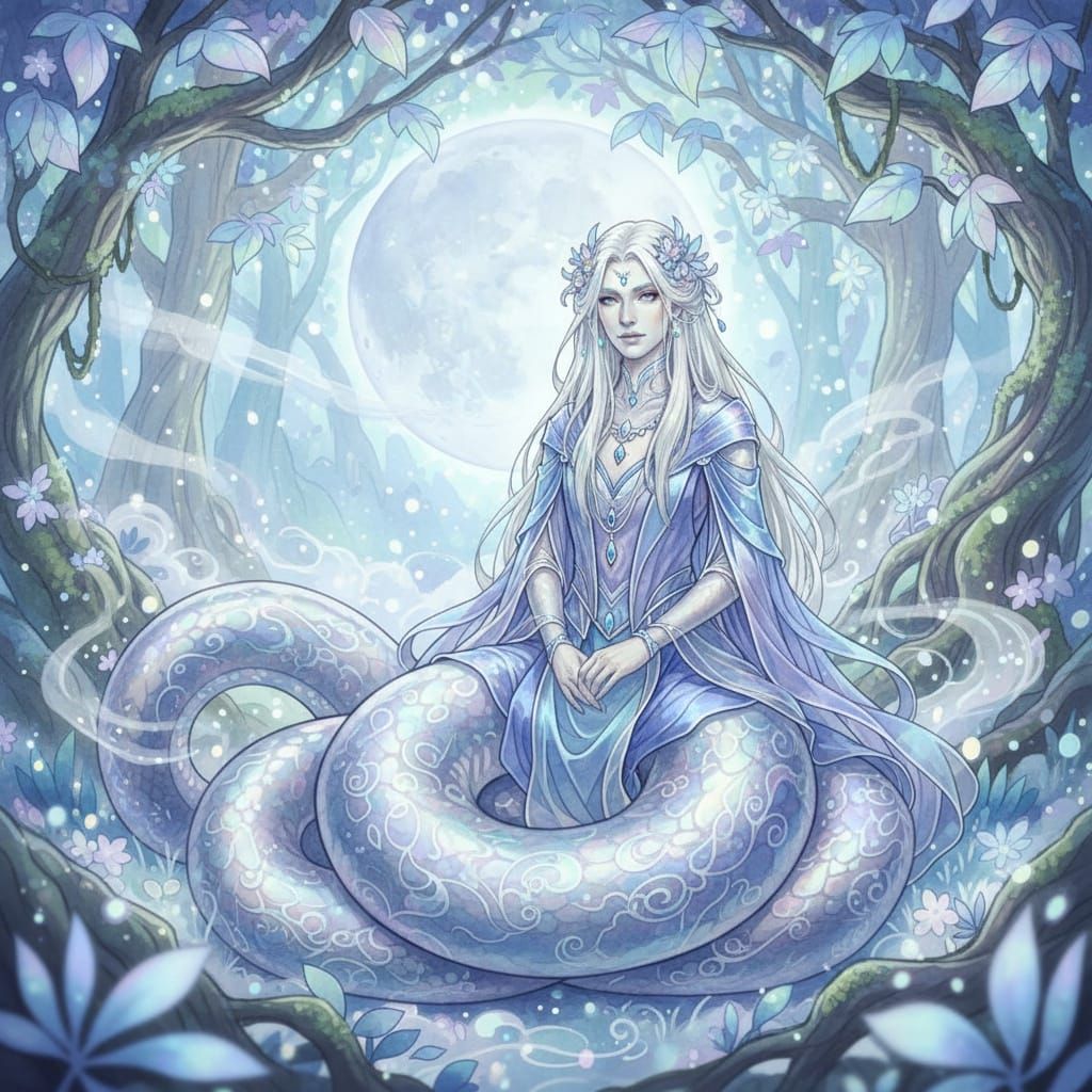 Androgynous Naga Serene in Mystical Moonlit Forest