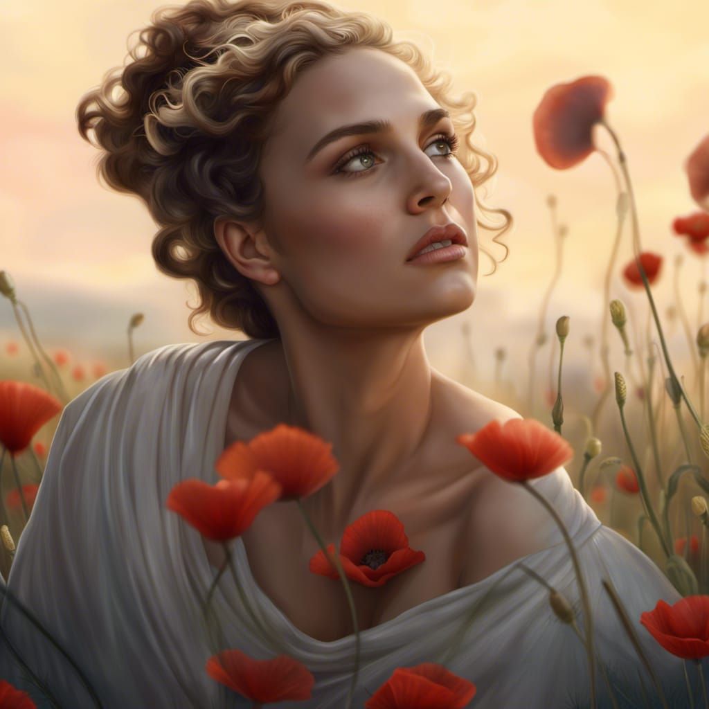 Greek Goddess Reclining in Poppy Field: Photorealistic Portr...
