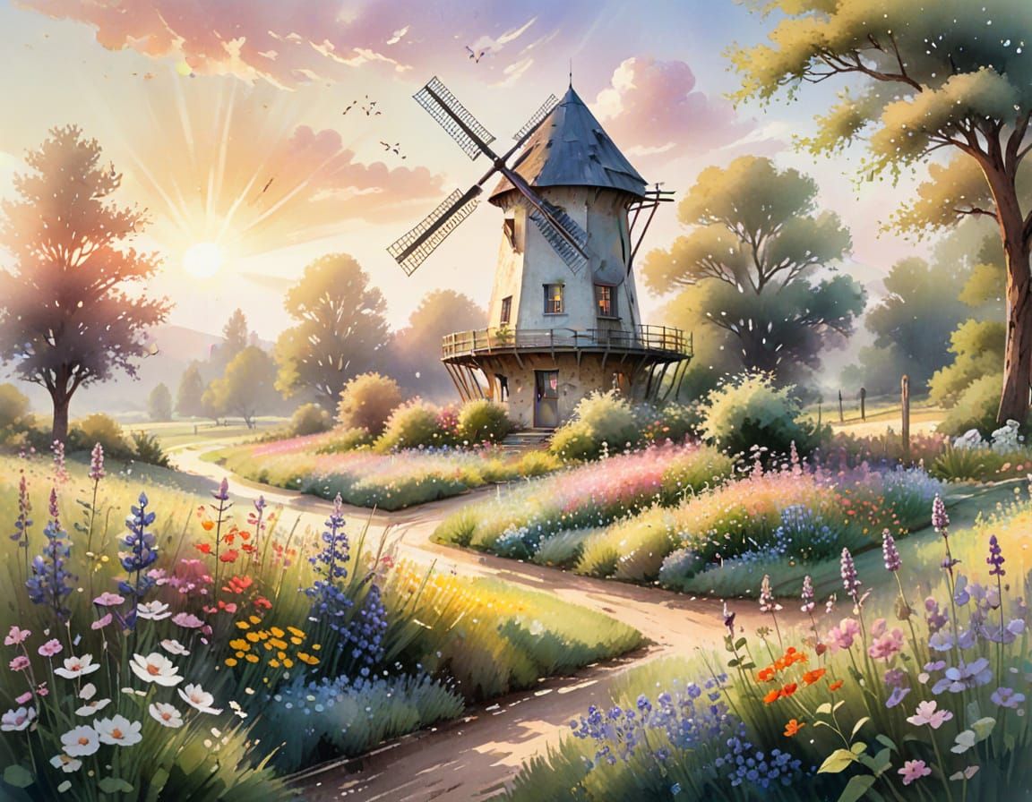 Whimsical Watercolor Windmill Cottage in Sunlit Wildflowers