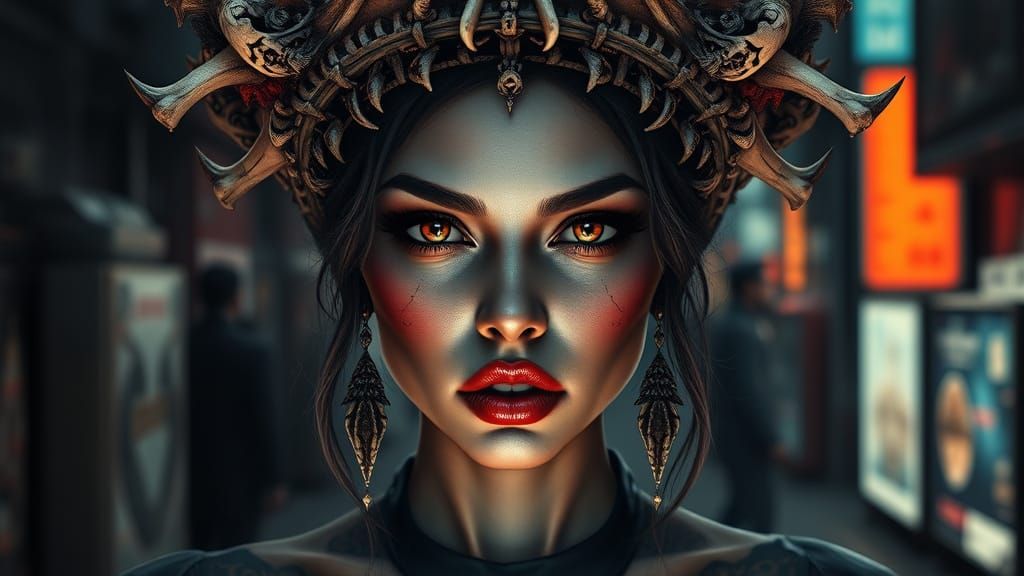 Busty Woman in Macabre Bone Crown, Dark Urban Fantasy 3D Ren...
