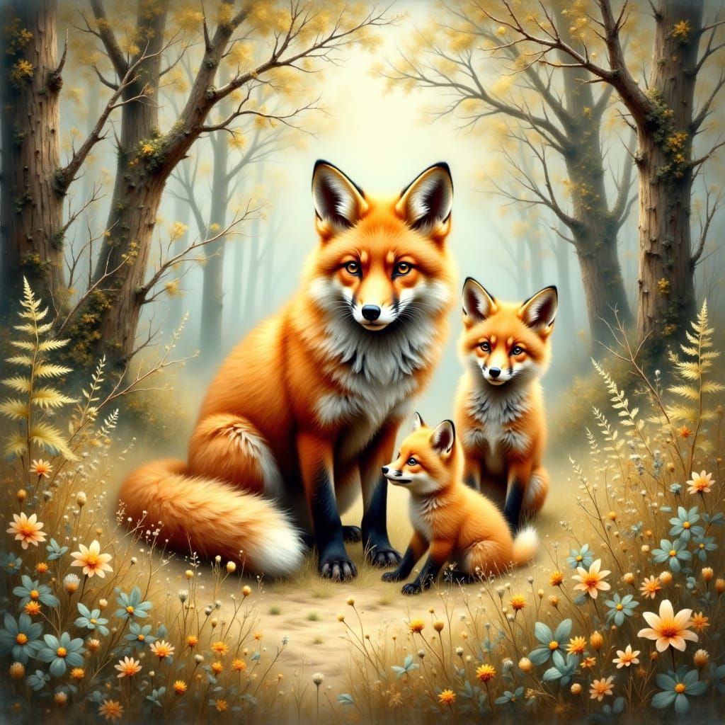 Whimsical Forest Scene with Mother Fox and Cubs