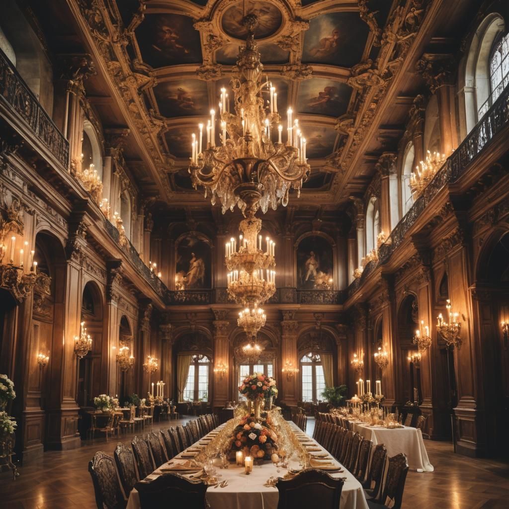 Baroque Grand Hall with Food Stations and Warm Lighting
