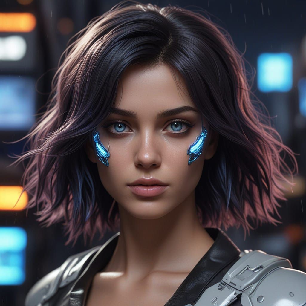 Hyper-Realistic Robot Portrait in Cyberpunk Cityscape