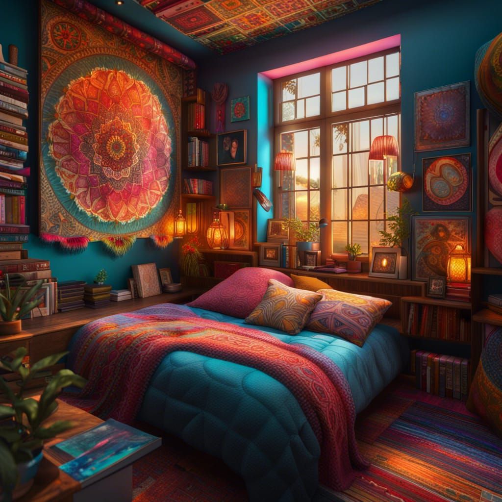 Cozy Boho Bedroom with Book Nook, Hyperrealistic Digital Art