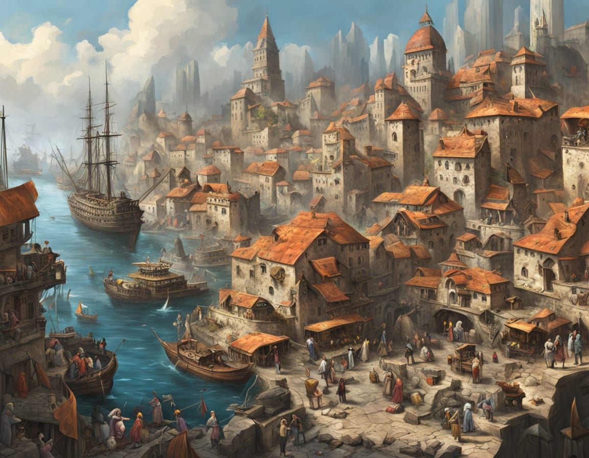 Fantasy Metropolis with Bustling Port