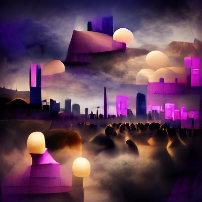Futuristic Cityscape with Violet Sky
