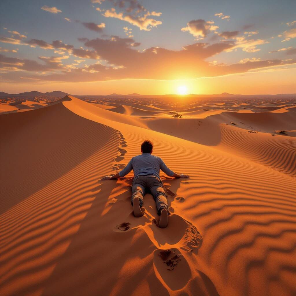 Man Sinks in Sand Leaving Formless Footprint at Sunset