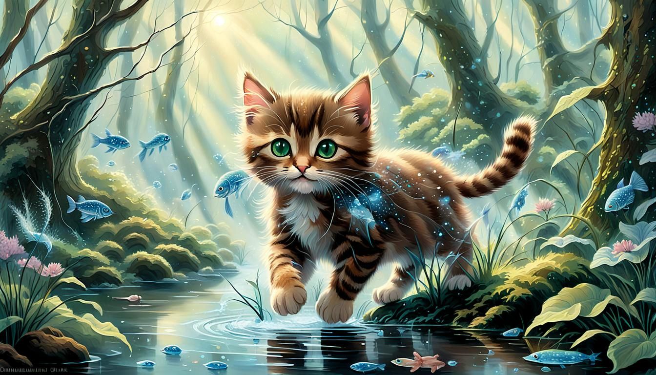 Kitten's Spring Chase: Ethereal Forest Fantasy in Oil