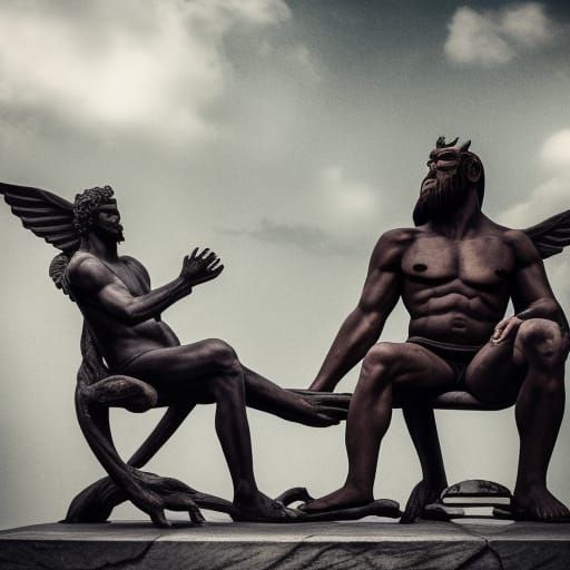 God and Satan Watch Angels and Demons Fight