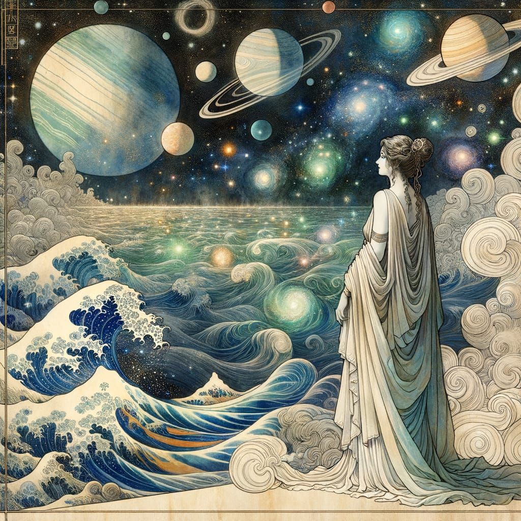 A serene Greek woman, draped in flowing white robes, stands ...