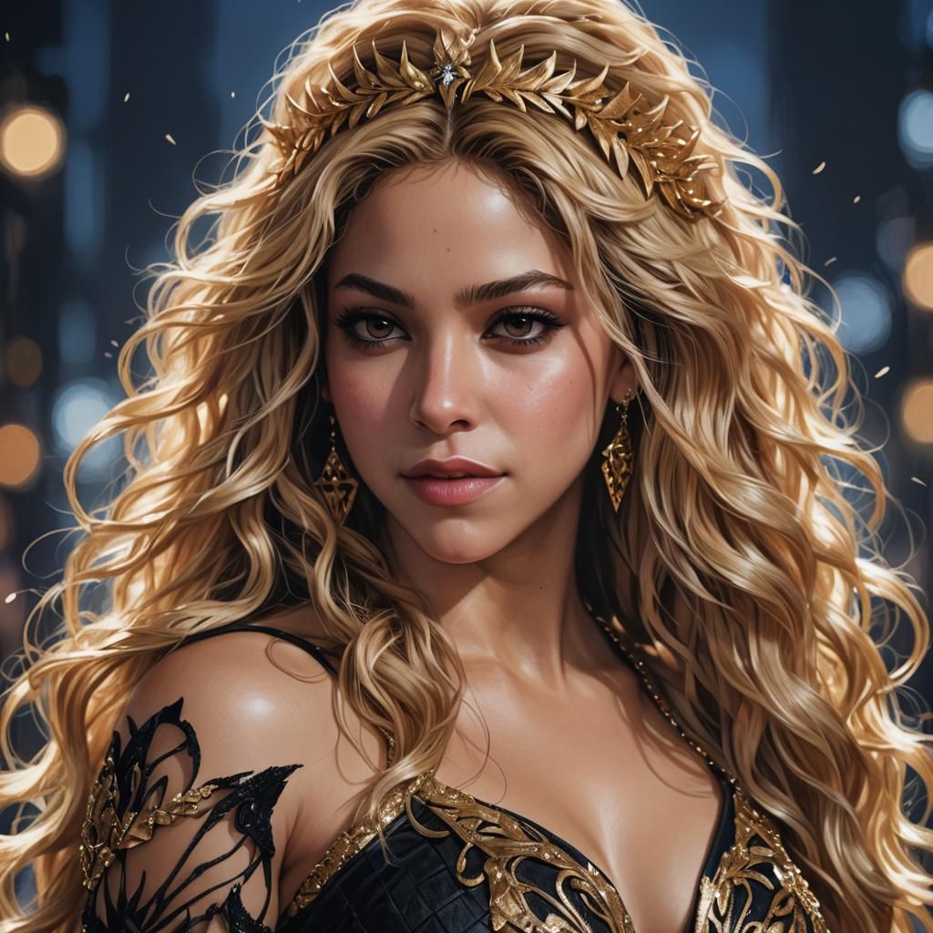 Closeup of beautiful Shakira in a gorgeous dress.