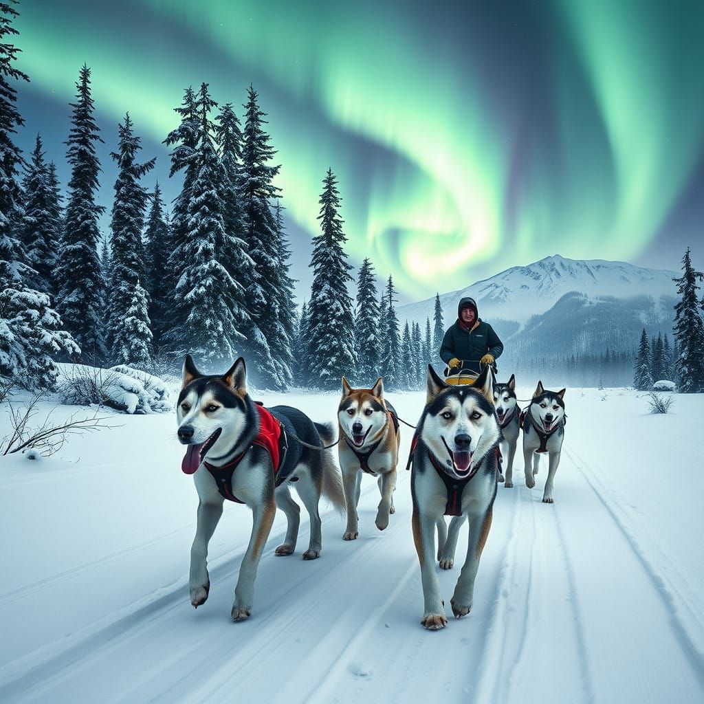 Snow-Covered Huskies Racing Across Alaskan Landscape