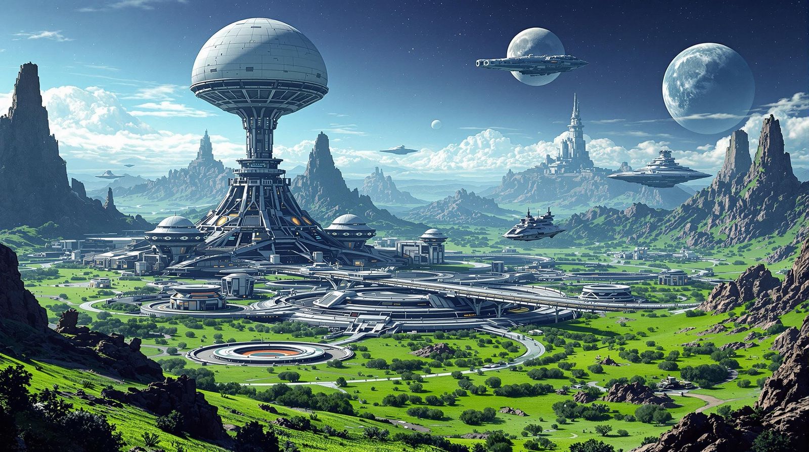 Futuristic Rebel Space Base on Emerald Planet with Moons