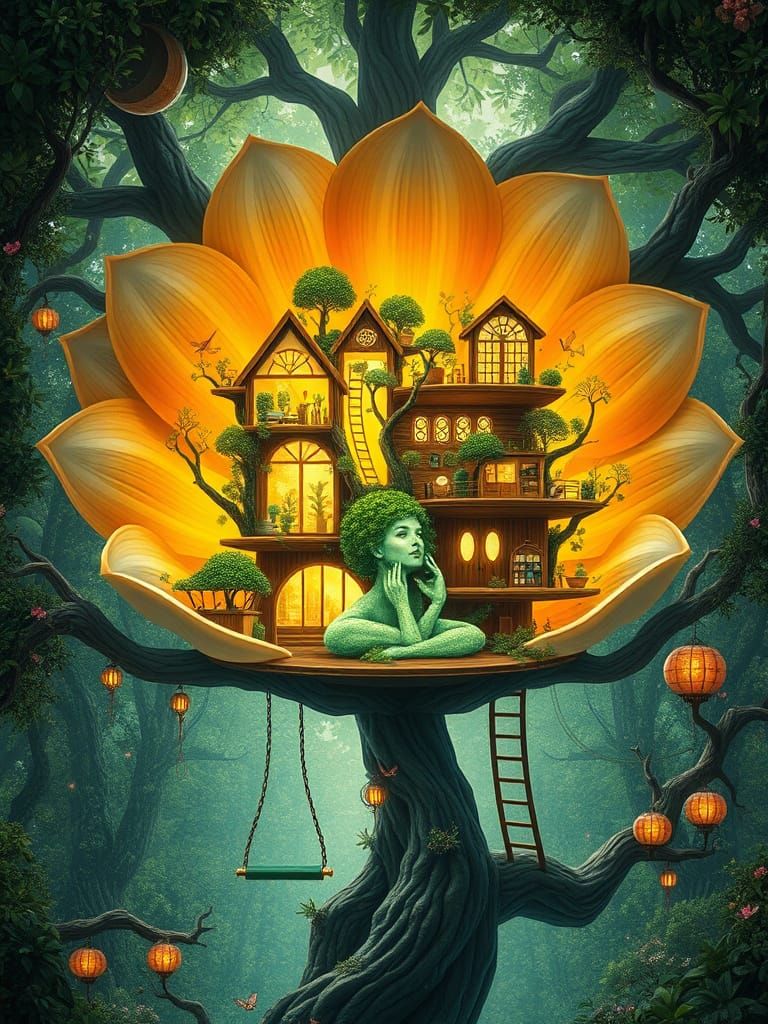 Whimsical Flower Treehouse with Glowing Floras and Steampunk...