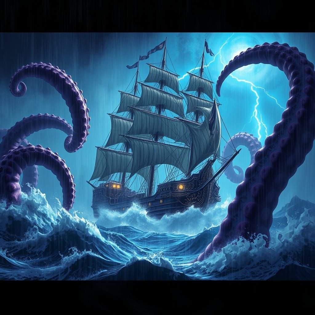 Majestic Pirate Ship Beset by Colossal Kraken Tentacles in a...