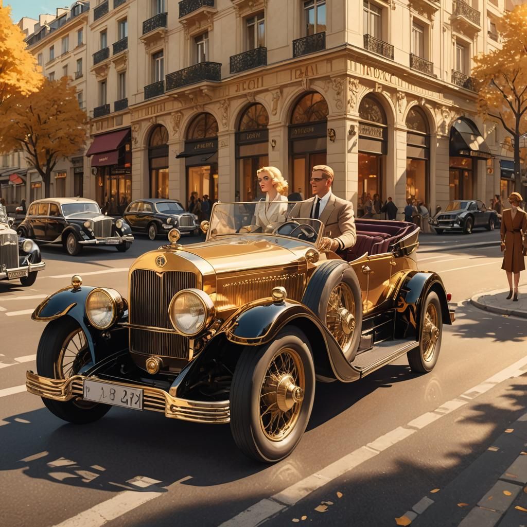 Art Deco Couple Driving a Horch in Paris