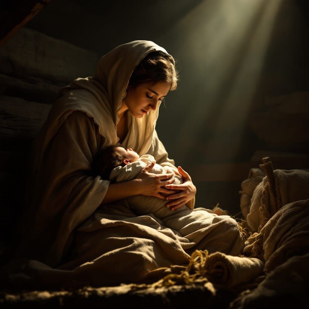 Mary and Jesus in Manger, Caravaggio Style