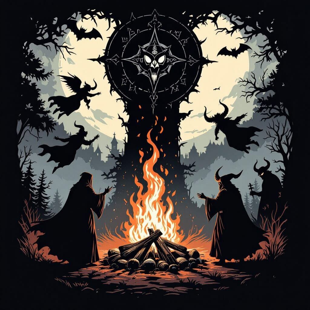 Witches Bonfire with Demons in Black and White