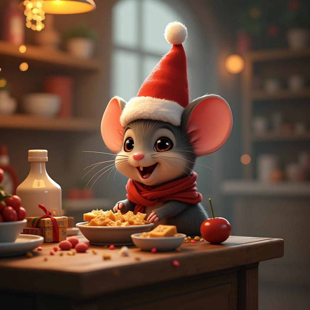 Fantastical Christmas Mouse in Whimsical Tiny Kitchen