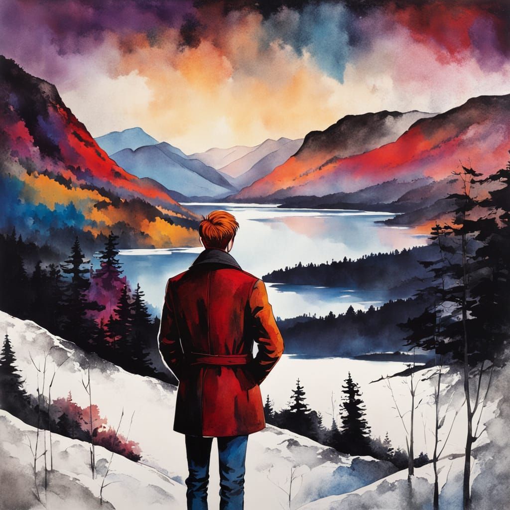 Man in Snowy Forest at Sunset, Ink Painting Style