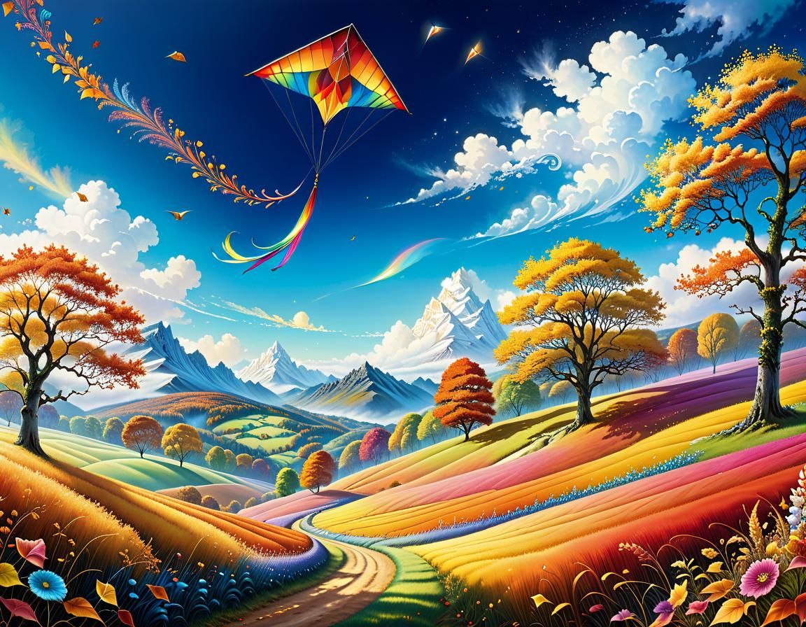 Autumn Landscape with Kite in Pop Surrealism Style