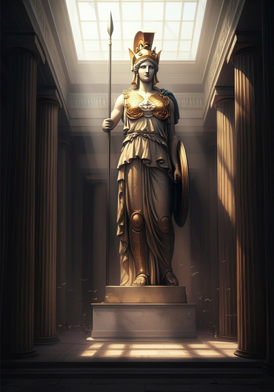 Colossal Athena Statue in Temple Atrium
