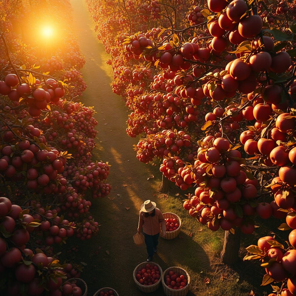 Aerial View of Ruby Red Apple Orchard at Golden Hour