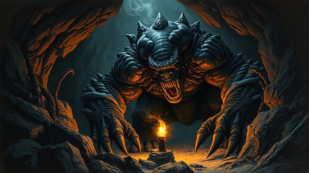 Monster in Cave Lit by Torch, Painterly Fantasy Art