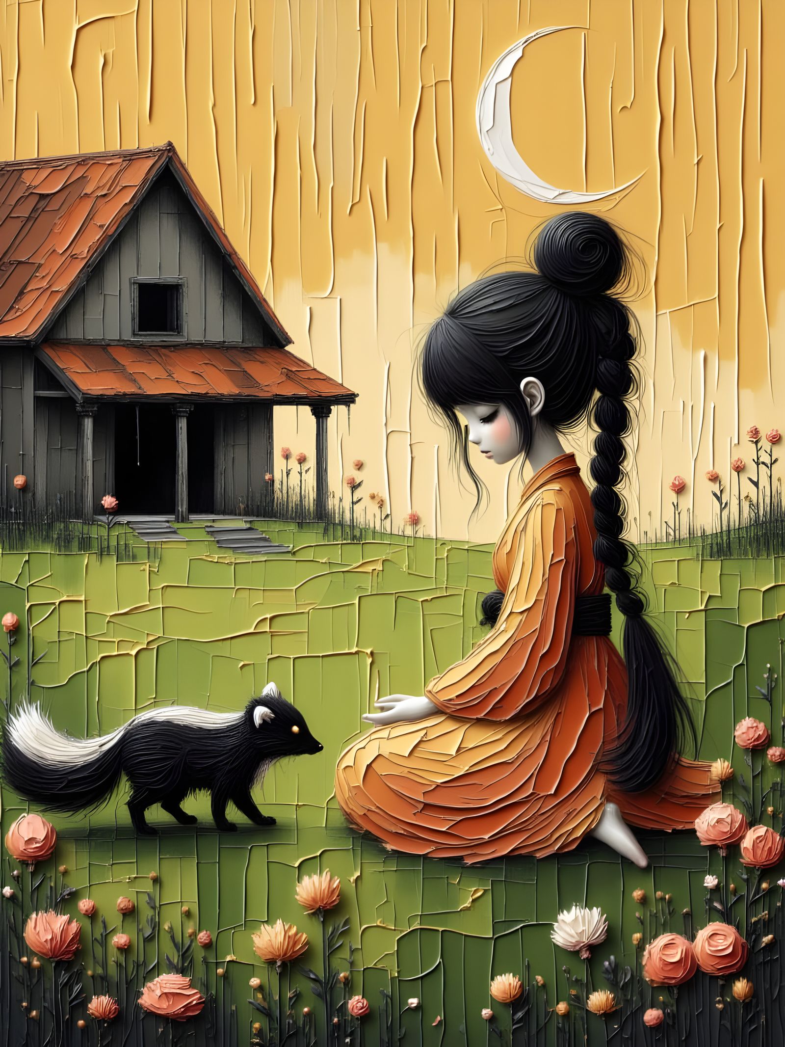 Girl Meditates with Skunk in Mossy Forest, Oil Painting