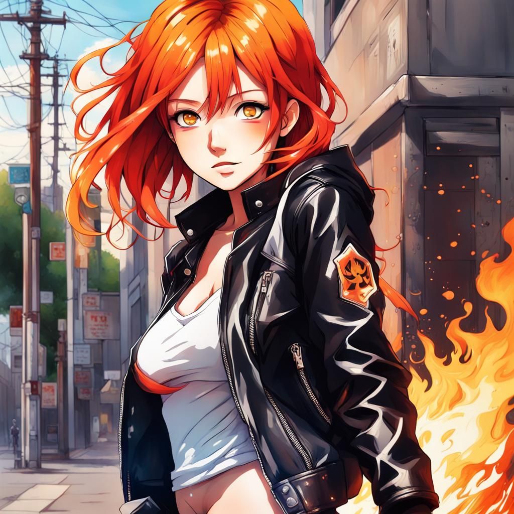 Anime Girl with Fiery Hair in Cyberpunk Style