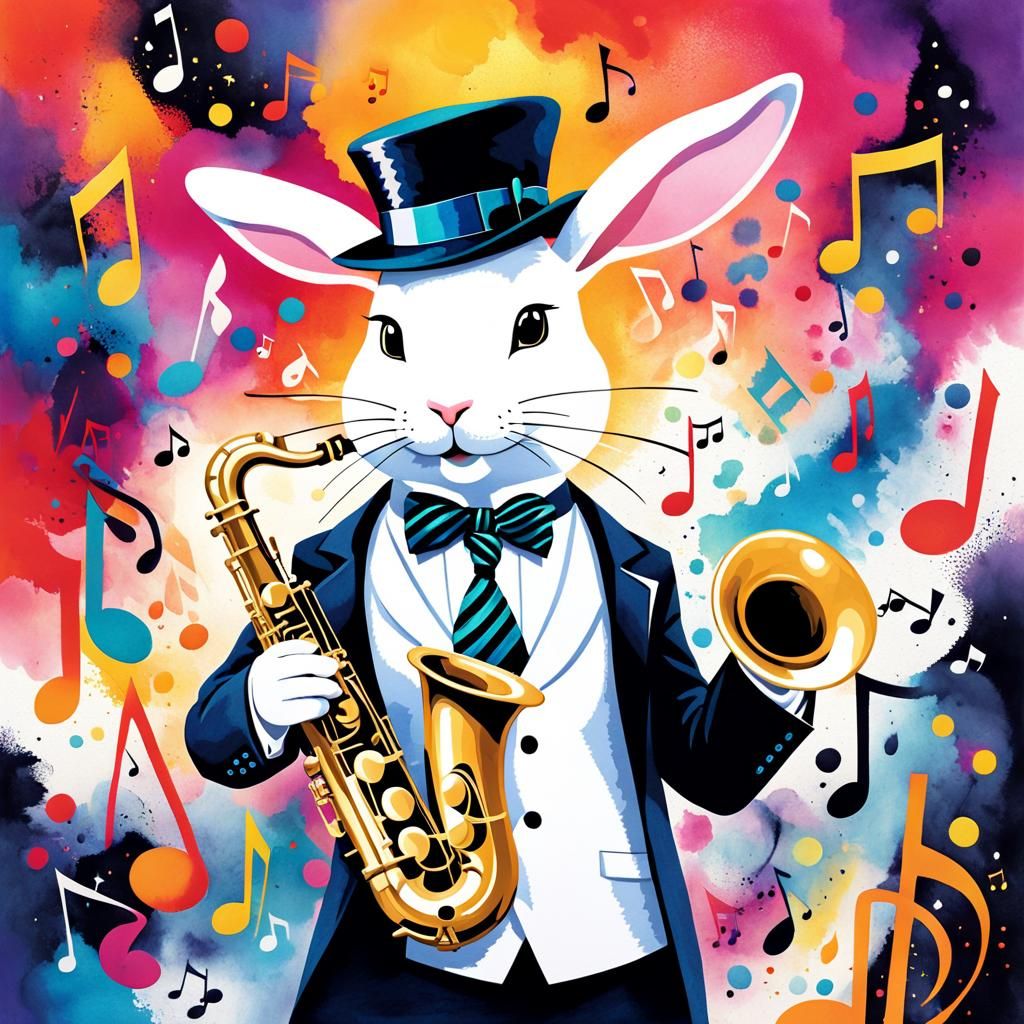 Jazz Rabbit in Zoot Suit: Surreal Watercolor Art