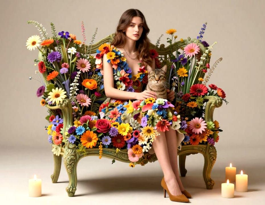 Surreal Floral Chair with Model and Cat, Candlelit Elegance