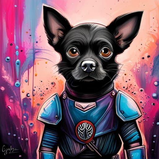 Small Black Dog in Mandalorian Armor
